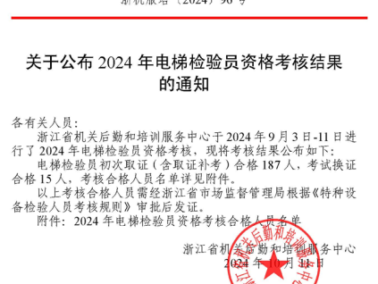 浙江公布2024年电梯检验员资格考核结果，202人考核合格（附名单）